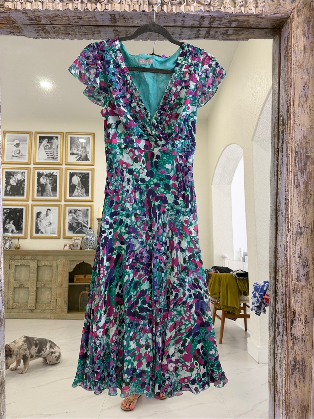 per una Teal Purple Pink Abstract V-Neck Maxi Dress
